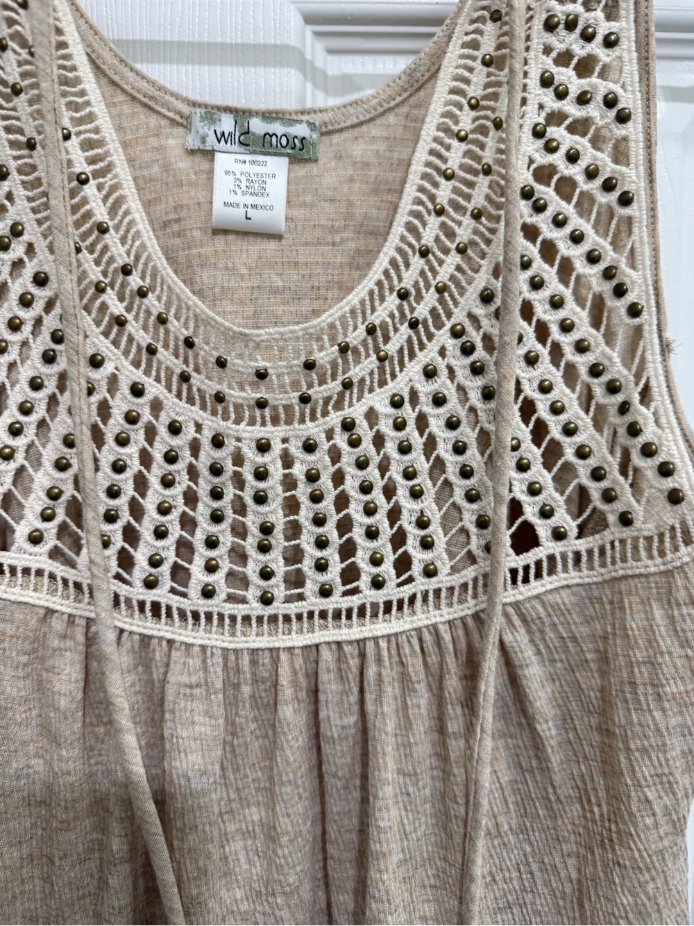 Wild Moss Cream Crochet-Trim Tank Top with Stud Detail